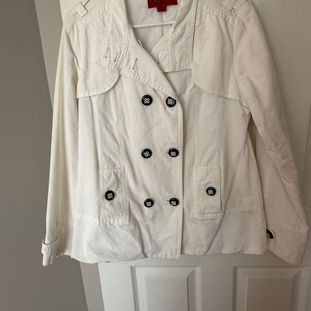 CoffeeShop Women's White Pea Coat with Black Buttons